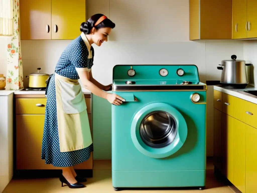 Dos mujeres en una cocina vintage, una usando una lavadora clásica y la otra cocinando en una estufa retro