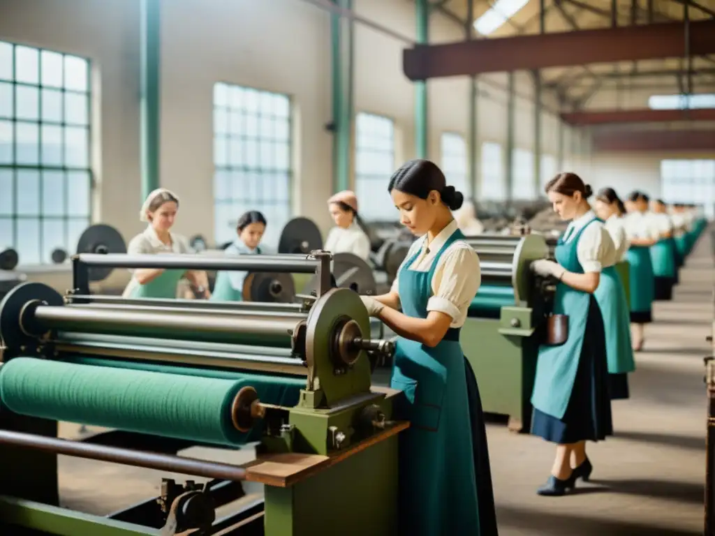 Mujeres trabajando en fábrica durante la Revolución Industrial, mostrando su participación en el nuevo rol laboral