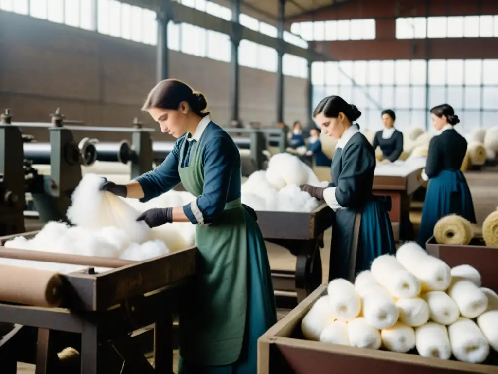 Mujeres trabajando en fábrica textil durante la Revolución Industrial, destacando su papel crucial