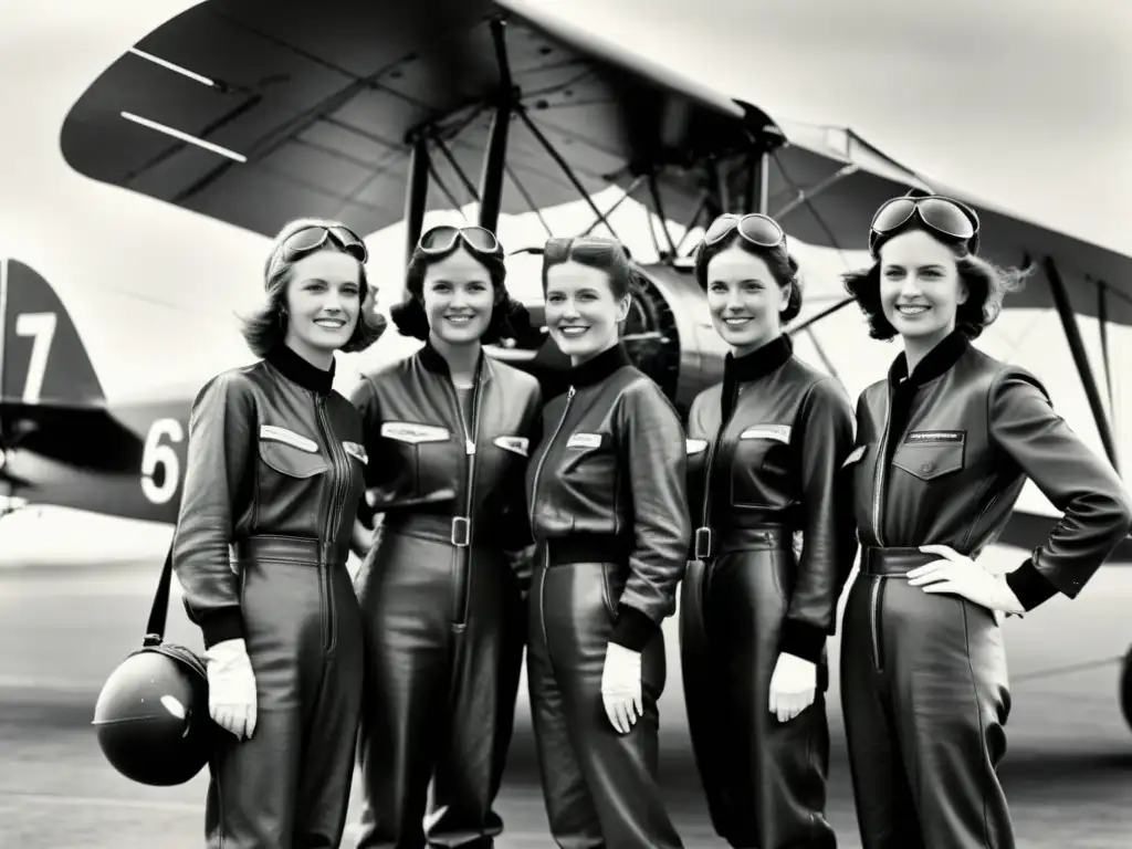 Mujeres pioneras en la aviación: grupo de aviadoras frente a un biplano clásico, listas para desafiar los cielos con determinación y confianza