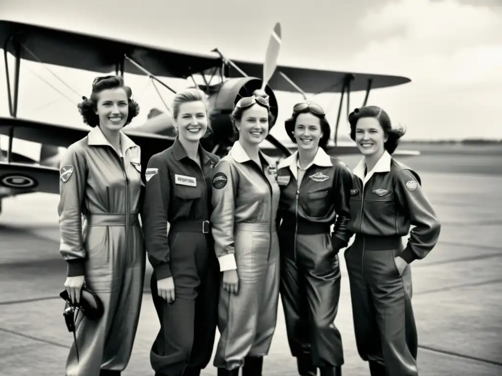 Mujeres pioneras en la aviación: grupo de aviadoras sonrientes frente a un biplano vintage, listas para despegar en un campo aéreo histórico