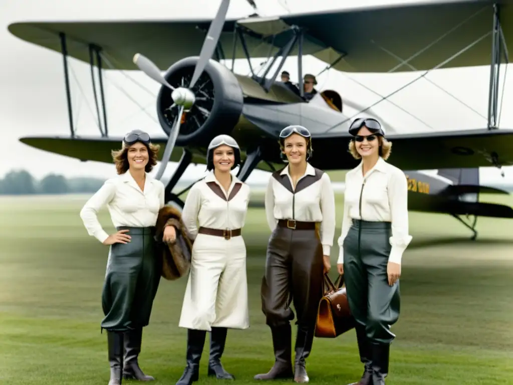 Mujeres pioneras en la aviación posan con confianza frente a un biplano en una pista, evocando la aventura y el progreso de la aviación temprana