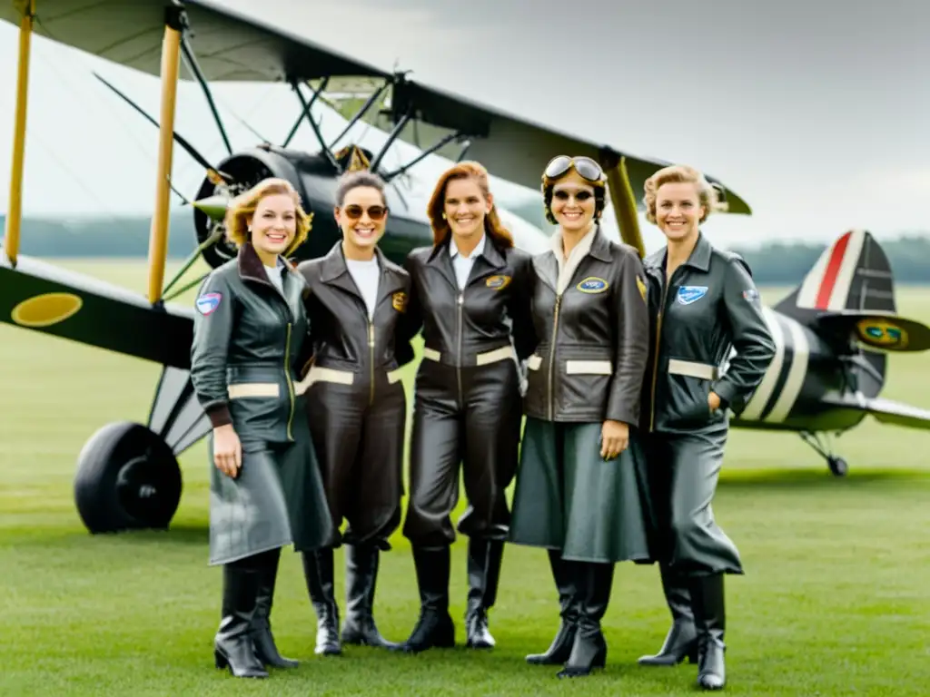 Mujeres pioneras en la aviación posan con confianza frente a un biplano en un campo, exudando determinación y empoderamiento