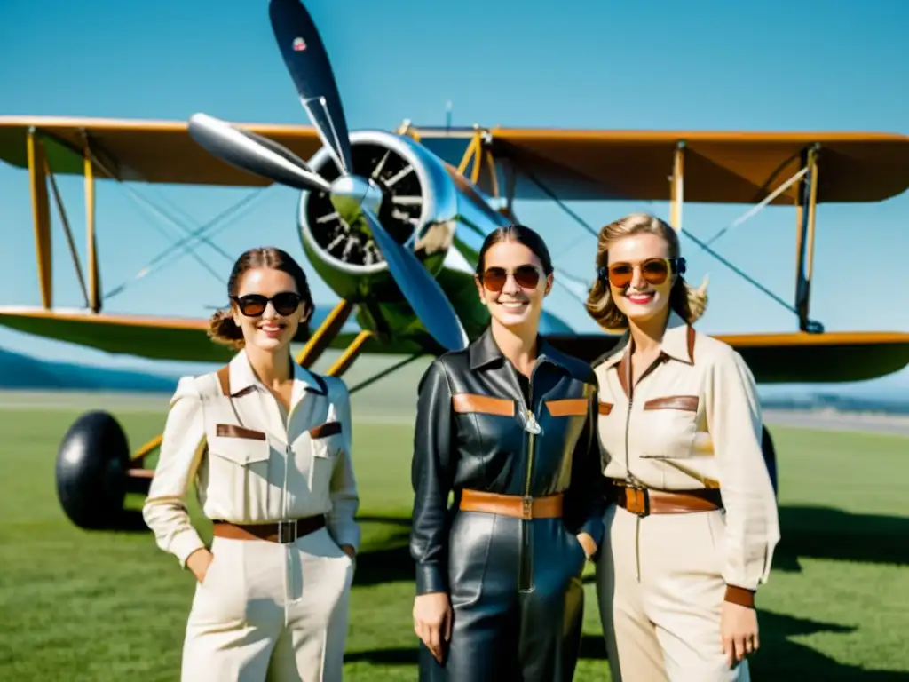 Mujeres pioneras en la aviación posan orgullosas junto al biplano en una pista de césped, listas para despegar