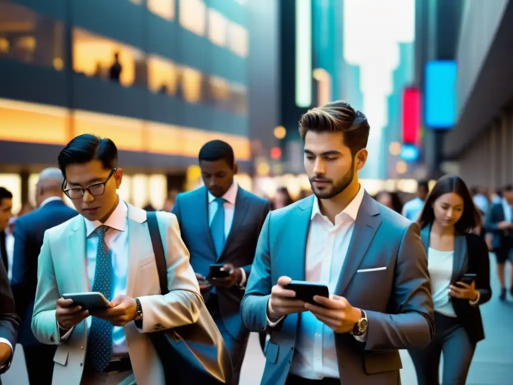 Multitud en la calle de la ciudad, todos absortos en sus dispositivos móviles, reflejando el impacto de internet en la sociedad