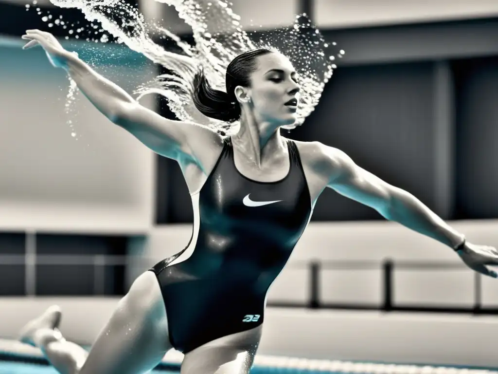 Un nadador competitivo en traje de baño aerodinámico se zambulle con perfección en una piscina, congelando la potente y fluida dinámica del agua