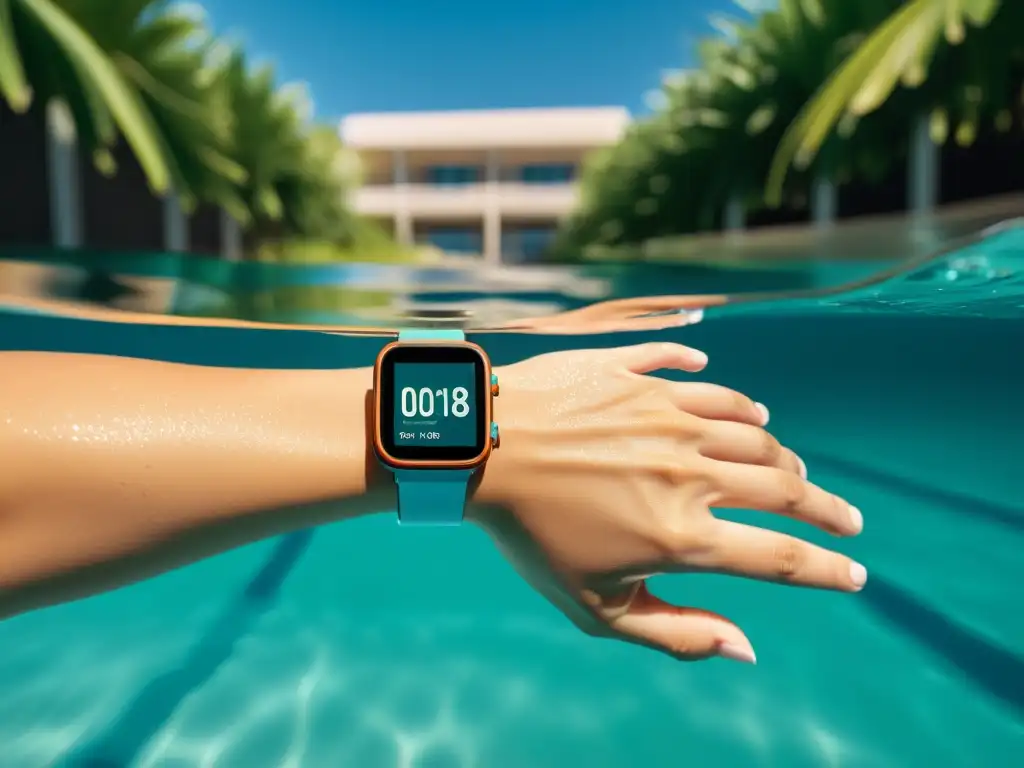 Un nadador elegante usa un smartwatch a prueba de agua en una piscina cristalina, fusionando la tecnología y la natación