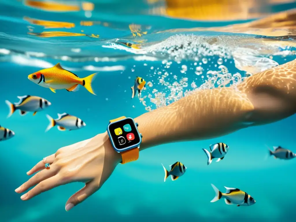 Un nadador con un smartwatch a prueba de agua surca aguas cristalinas rodeado de peces coloridos