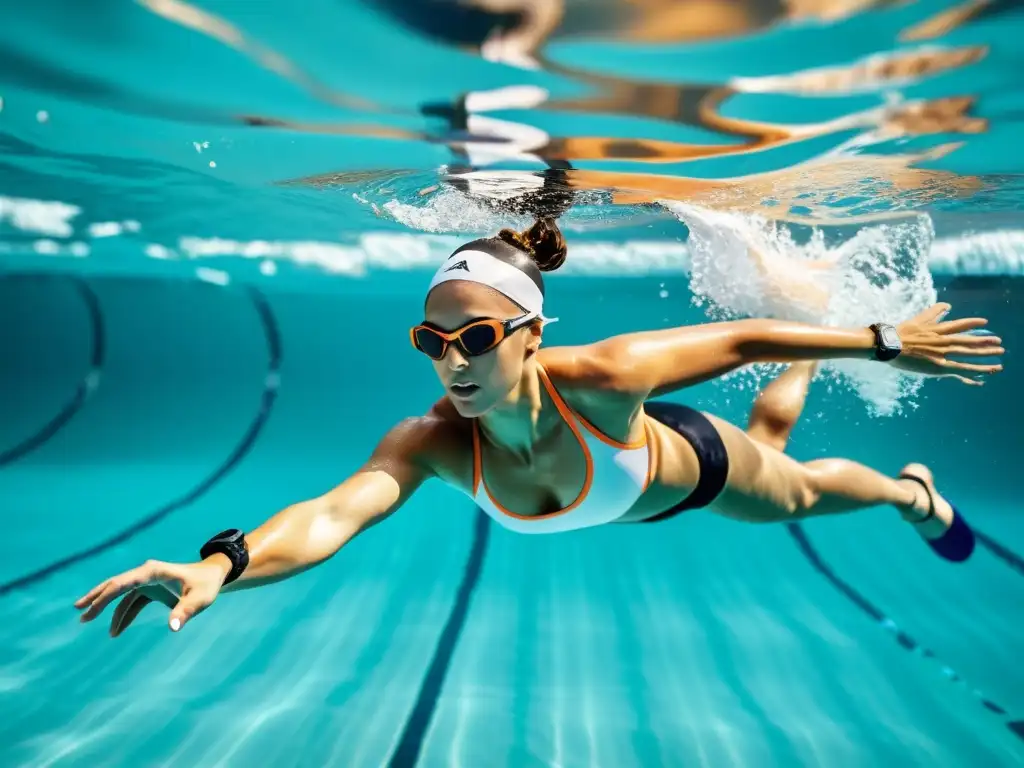 Un nadador con un smartwatch a prueba de agua en una piscina cristalina, capturado en pleno movimiento