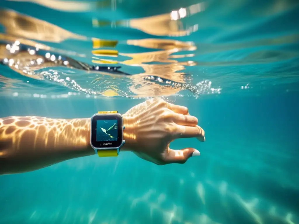 Un nadador con smartwatch a prueba de agua, deslizándose en aguas cristalinas con destellos de sol capturando el movimiento