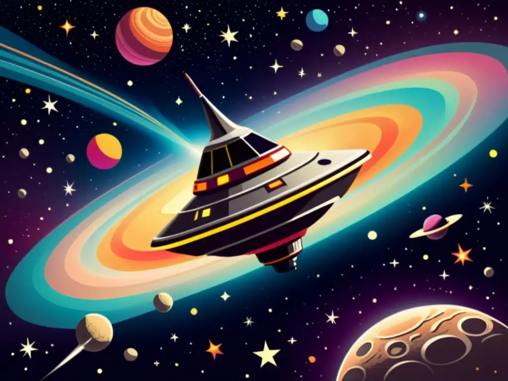 Una ilustración vintage de una nave espacial flotando en el espacio, rodeada de nubes de gases coloridos y polvo cósmico