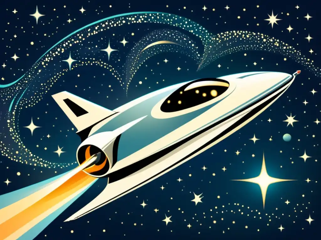 Una ilustración vintage de una nave espacial futurista surcando el cosmos, con estrellas y galaxias centelleando en el fondo