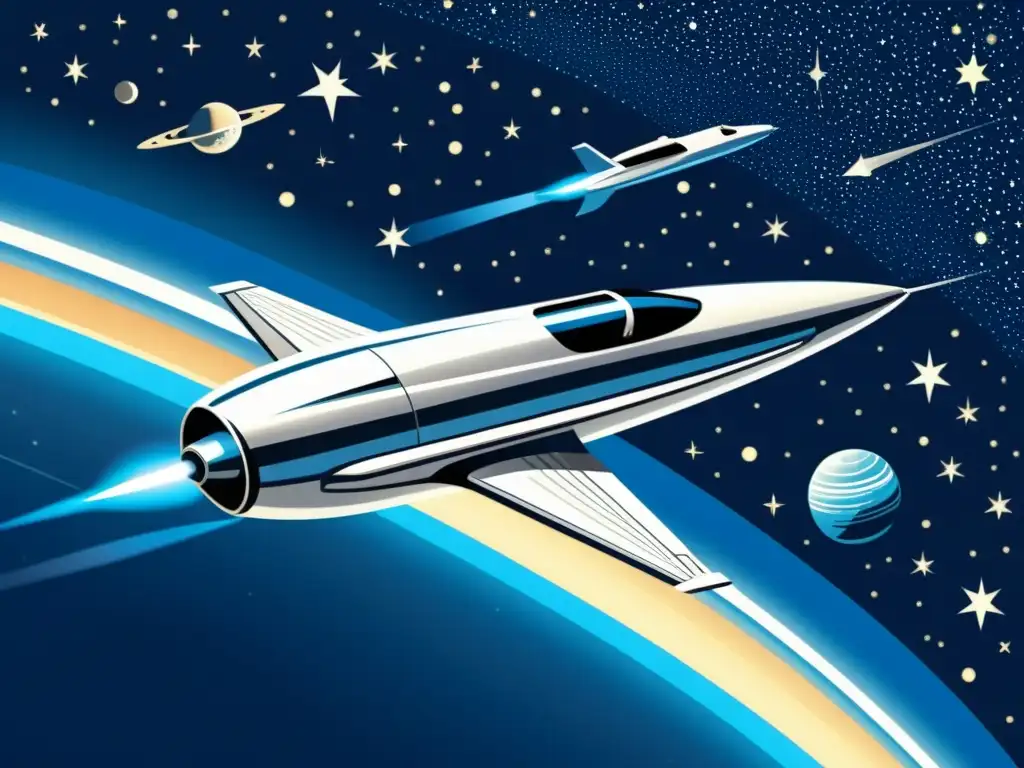 Una ilustración vintage de una nave espacial futurista surcando las estrellas, evocando nostalgia y emoción por la conquista del espacio moderna