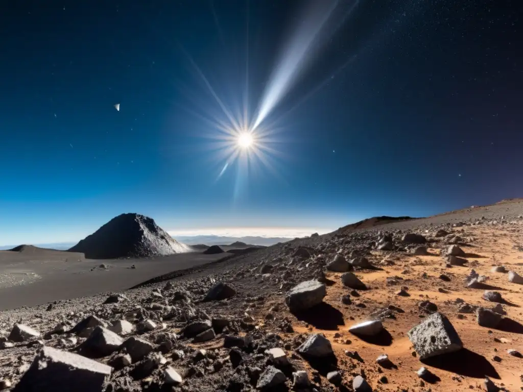 La nave espacial Rosetta navegando entre asteroides, con el cometa de fondo