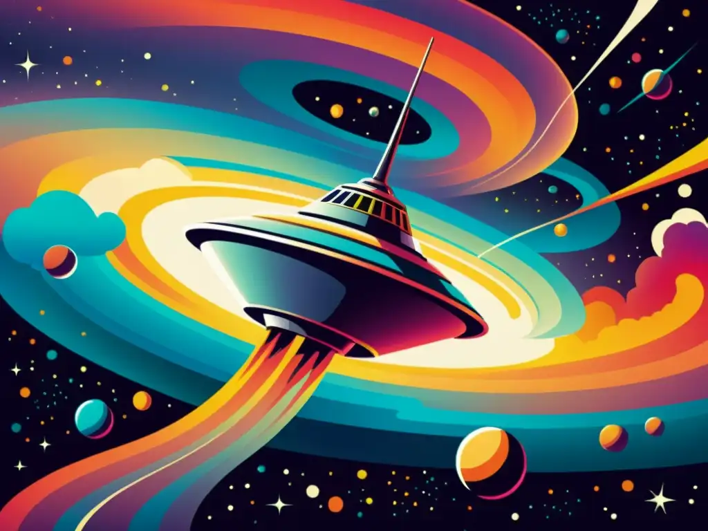 Una ilustración vintage de una nave espacial navegando a través de una colorida dinámica de fluidos en el espacio exterior, evocando exploración espacial y dinámica de fluidos aplicada