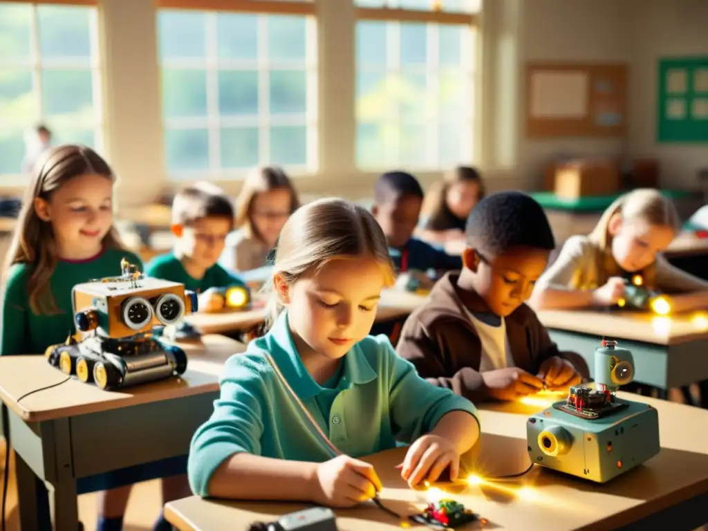 Niños entusiasmados trabajan en proyectos robóticos en un aula vintage