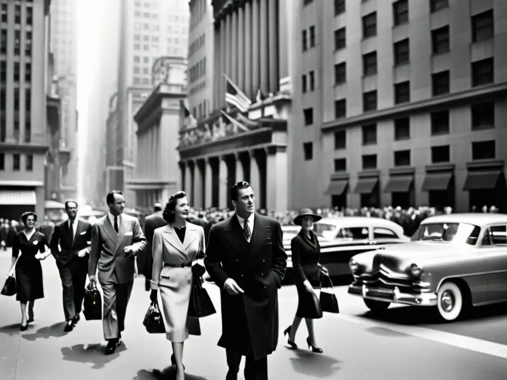 Una nostálgica fotografía en blanco y negro de Wall Street en los años 50, con elegantes hombres y mujeres, rascacielos imponentes y autos clásicos