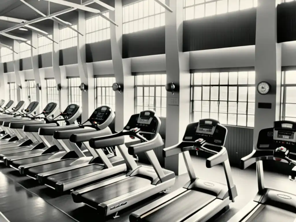 Una nostálgica fotografía en blanco y negro de un bullicioso gimnasio de la década de 1950, con personas usando cintas de correr antiguas