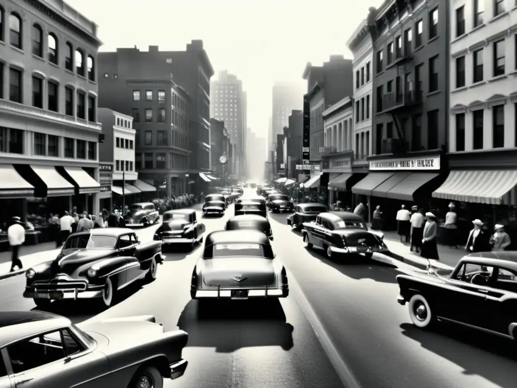 Una nostálgica fotografía vintage de una bulliciosa calle de la ciudad, con coches clásicos, tiendas de antaño y personas vestidas con ropa vintage