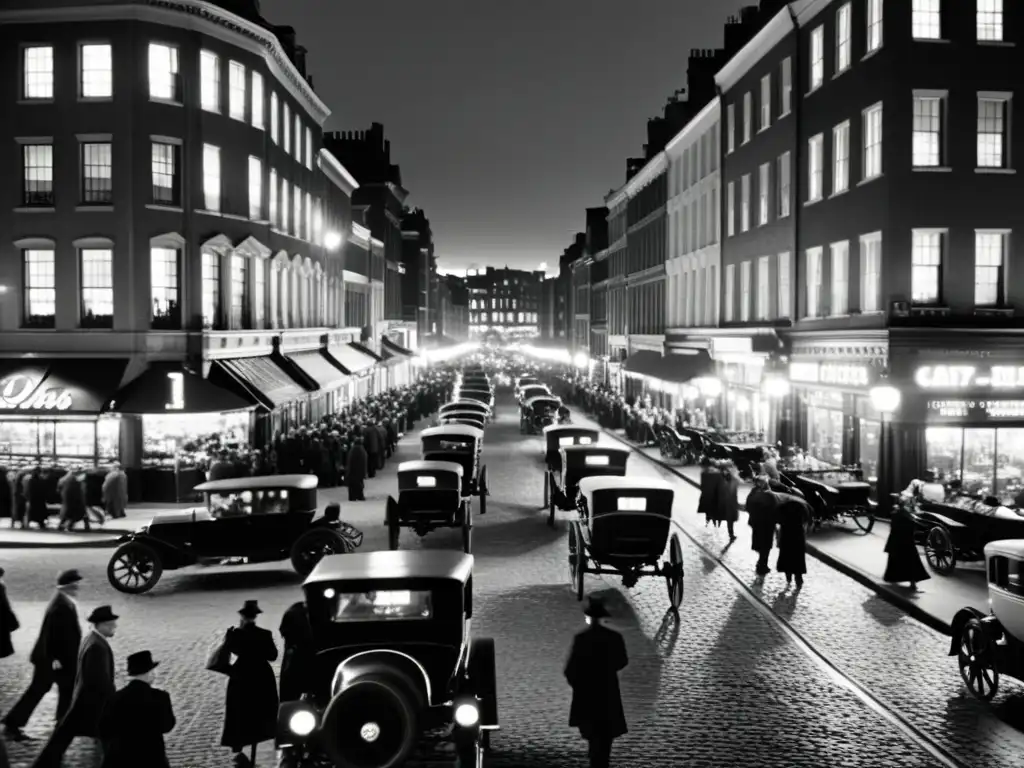 Una nostálgica calle de la ciudad iluminada por farolas eléctricas, evocando el invento de la bombilla eléctrica