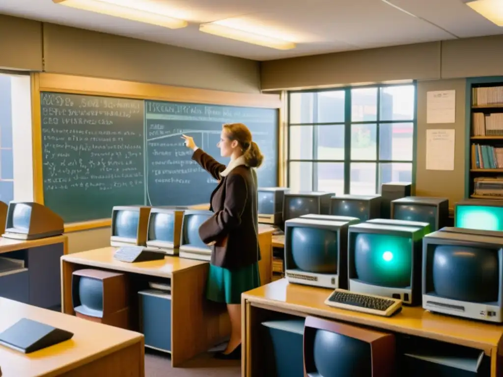 Una nostálgica escena de aula vintage con estudiantes concentrados en antiguas computadoras, el profesor señala la pizarra llena de código