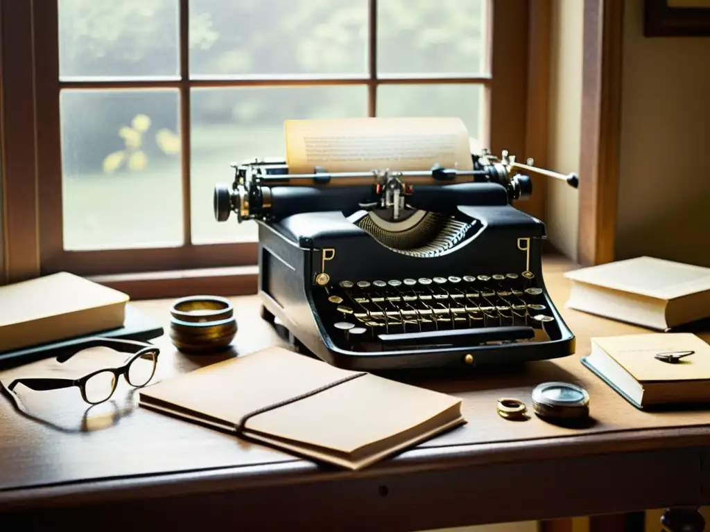 Una nostálgica escena en blanco y negro de un escritorio desordenado con una máquina de escribir antigua, papeles amarillentos, pluma en tintero, gafas y un libro de cuero