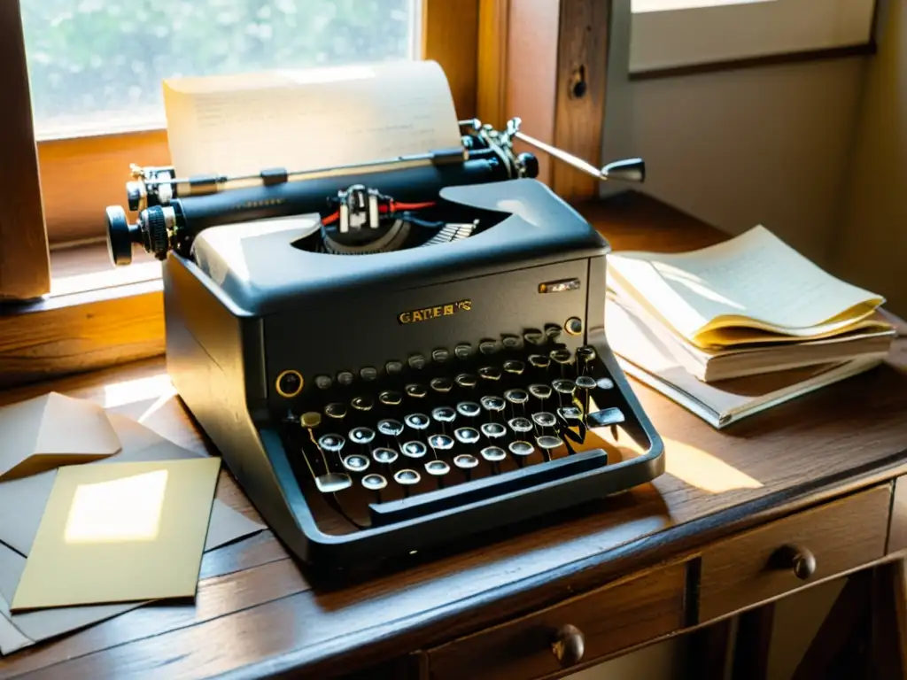 Una nostálgica escena de escritura, con una antigua máquina de escribir en un escritorio de madera