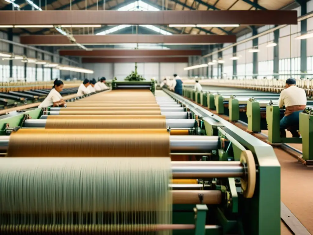 Una nostálgica escena de una fábrica textil con un telar mecánico vintage y trabajadores expertos