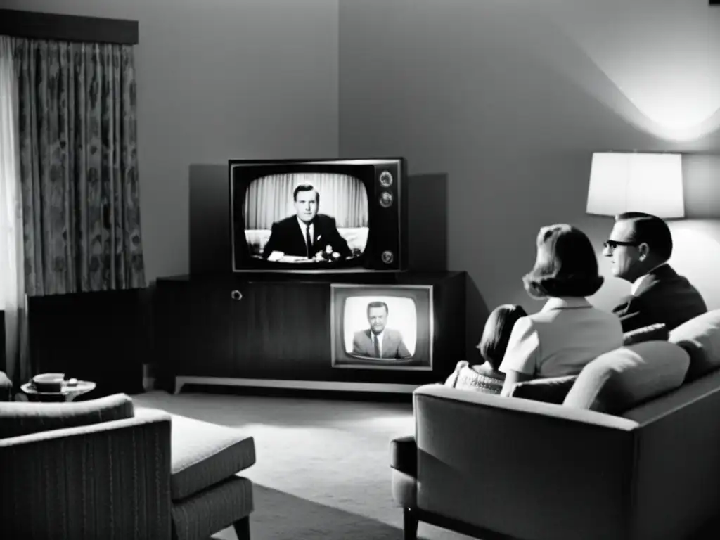 Una nostálgica foto en blanco y negro de una sala de estar de los años 60, con una familia reunida alrededor de un televisor, iluminados por la pantalla