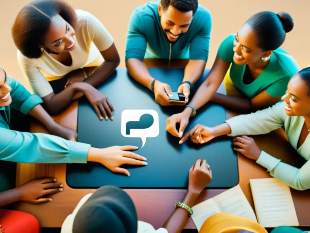 Una nostálgica fotografía vintage de un grupo diverso reunido alrededor de una mesa, con iconos de redes sociales sutiles en el fondo