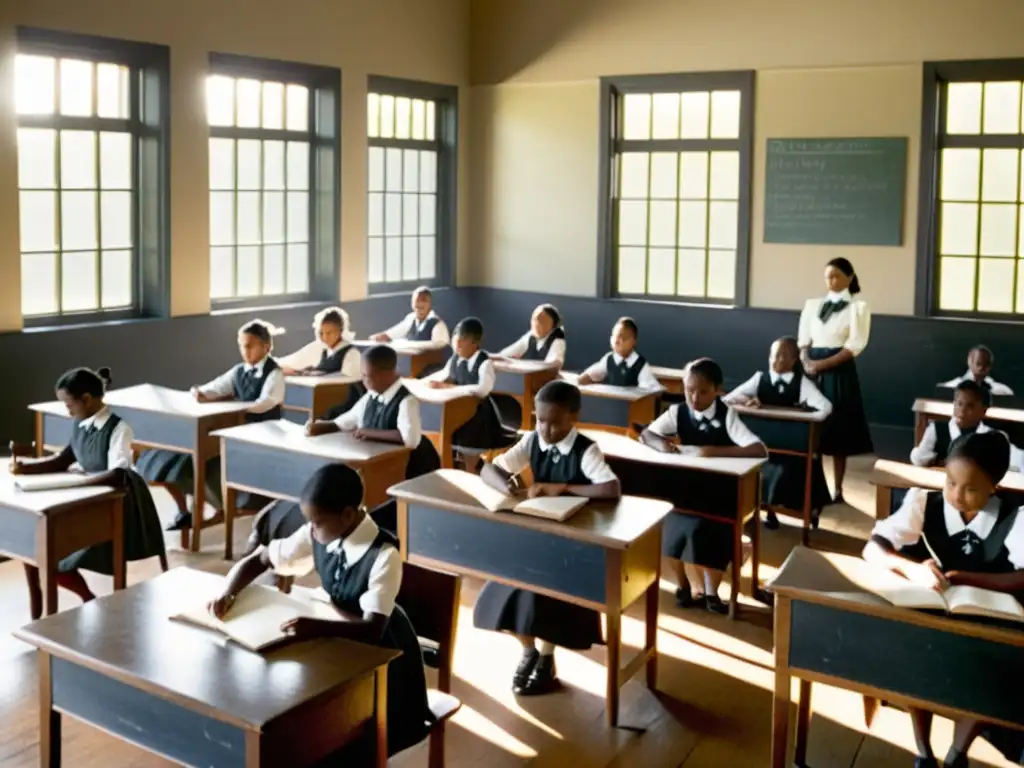 Una nostálgica imagen en blanco y negro de un aula del siglo XX con muebles de madera, estudiantes atentos y luz solar