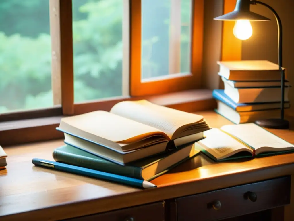 Una nostálgica pila de libros y cuadernos antiguos en un escritorio de madera iluminado por una suave luz cálida