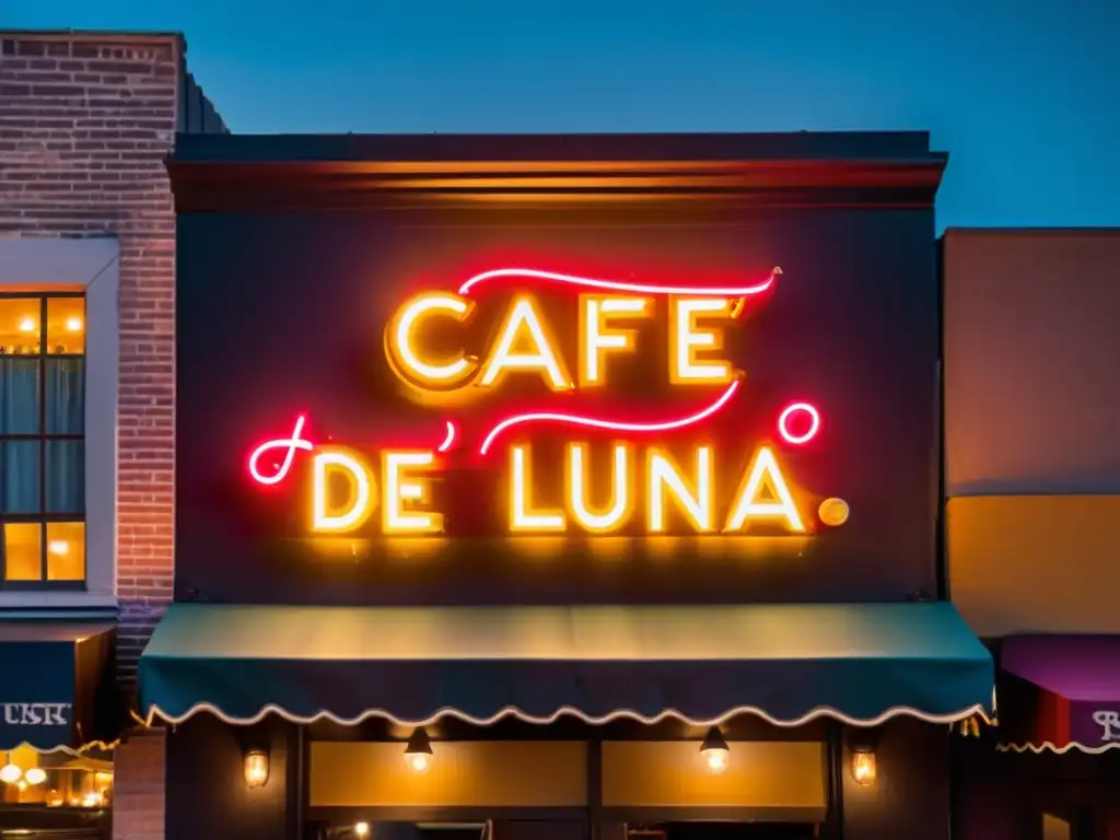 Un nostálgico letrero de neón brilla en la noche urbana, con la leyenda 'Café de la Luna' en caligrafía audaz