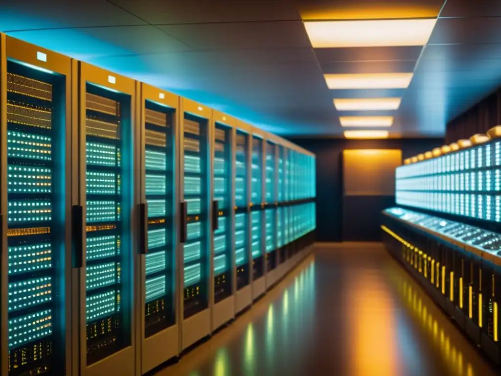 Un nostálgico data center vintage iluminado cálidamente, exhibiendo la evolución histórica de la tecnología y la eficiencia energética en data centers