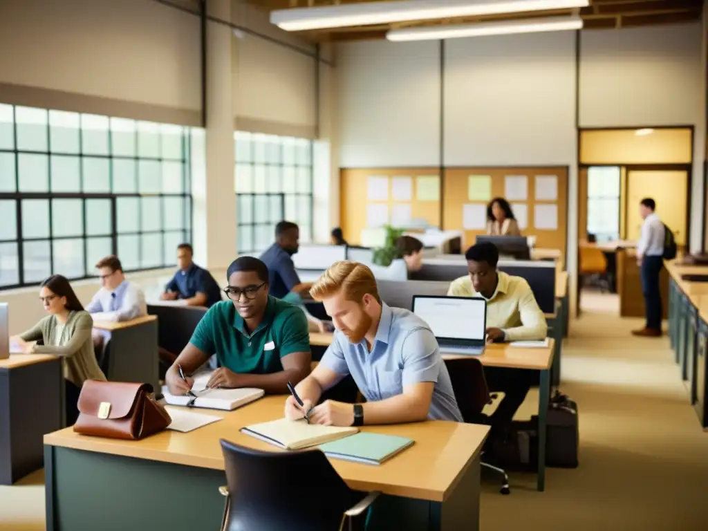 'Oficina bulliciosa con estudiantes y profesionales trabajando en proyectos reales