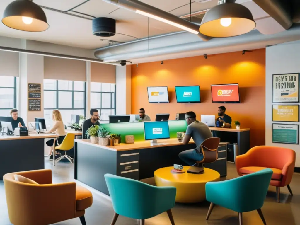 Oficina Tech Startup Vintage: Creatividad y Energía Retro Oficina de startups tecnológicas con estética vintage, empleados colaborando en un espacio creativo y retro