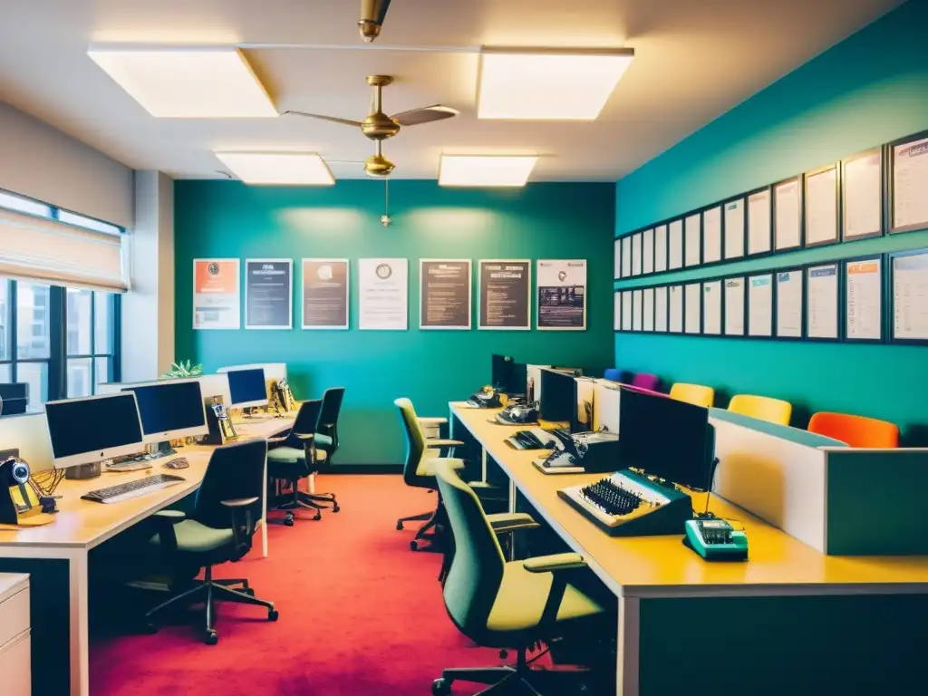 Oficina vintage de startup tech, ambiente dinámico y nostálgico Oficina vintage de startup tecnológica con jóvenes profesionales, tecnología retro y ambiente vibrante