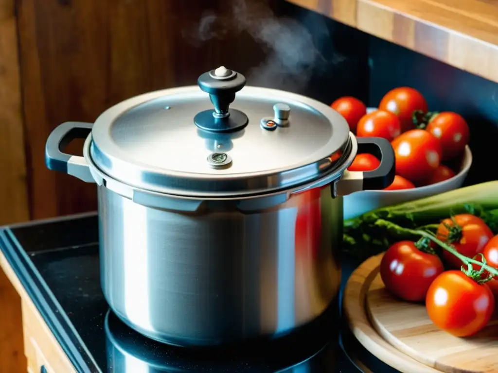 Una olla a presión tradicional con vapor saliendo y verduras frescas, evocando la historia y la innovación culinaria