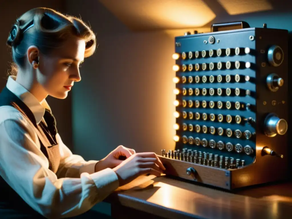 Un operador ajusta la Máquina Enigma en una habitación tenue, creando una atmósfera de intriga y secreto