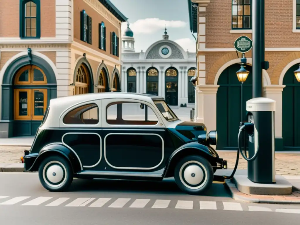 Orígenes y evolución vehículos eléctricos: Fotografía vintage de un vehículo eléctrico clásico cargando en una estación histórica, con calles empedradas y edificios antiguos al fondo, evocando la integración temprana de la tecnología eléctrica en paisajes urbanos