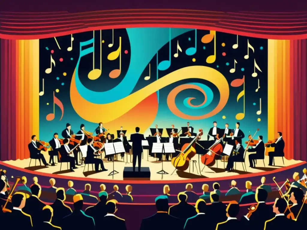 Una orquesta grandiosa llena el escenario con música visual sinestésica, impactando el arte con armonía