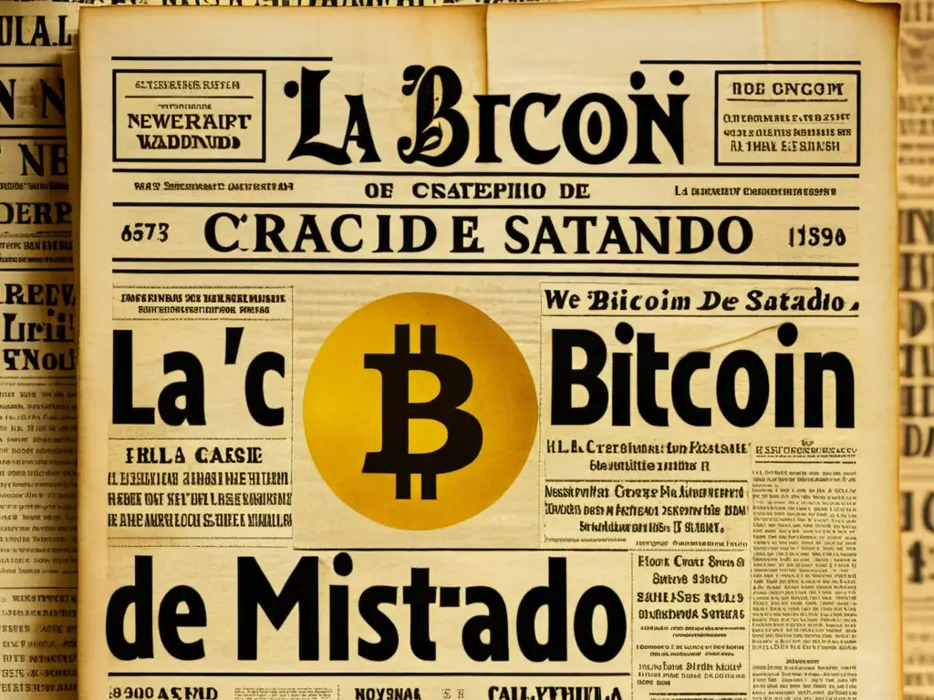 Una página de periódico vintage con la noticia 'Origen y creación de Bitcoin'