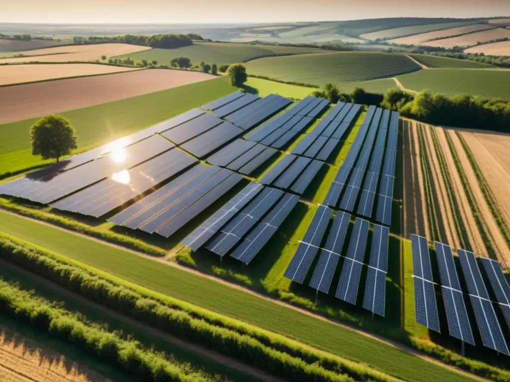 Un paisaje campestre iluminado por el sol, con paneles solares que se extienden hacia el horizonte