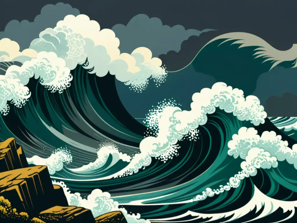 Ilustración vintage de paisaje costero con poderosas olas chocando contra rocas, evocando el desarrollo histórico energía undimotriz