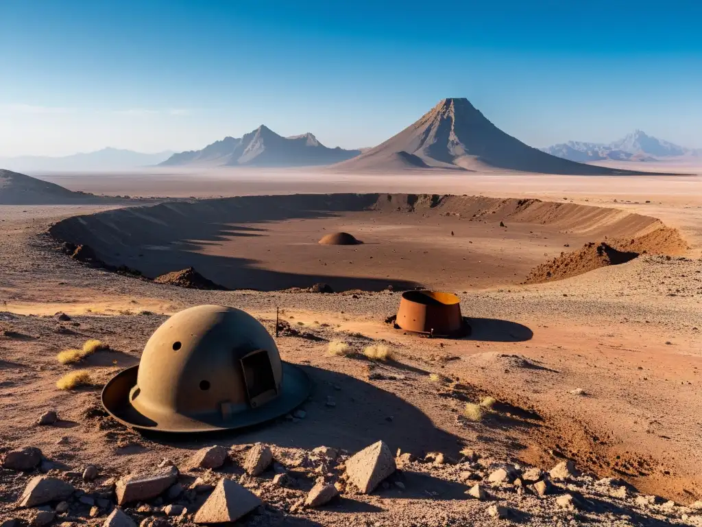 Un paisaje desolado y yermo se extiende ante el espectador, con montañas escarpadas a lo lejos y un cielo despejado sobre él