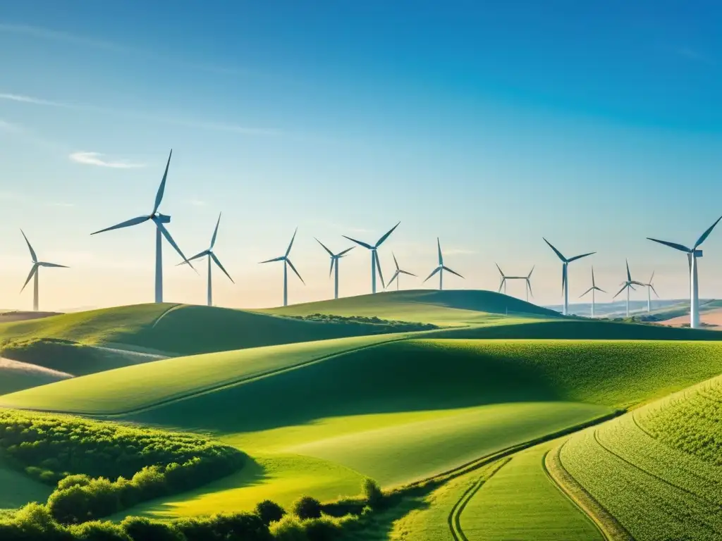 Campo verde con molinos de viento bajo el sol Una fotografía vintage de un paisaje exuberante con turbinas eólicas generando energía limpia, creando un impacto histórico en el entorno natural