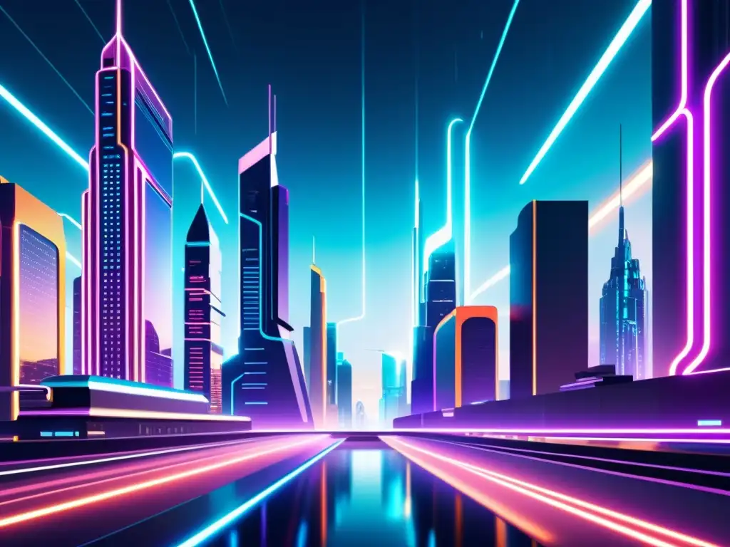 Un paisaje futurista de la ciudad con edificios metálicos iluminados por luces de neón, rodeados de datos y conexiones brillantes