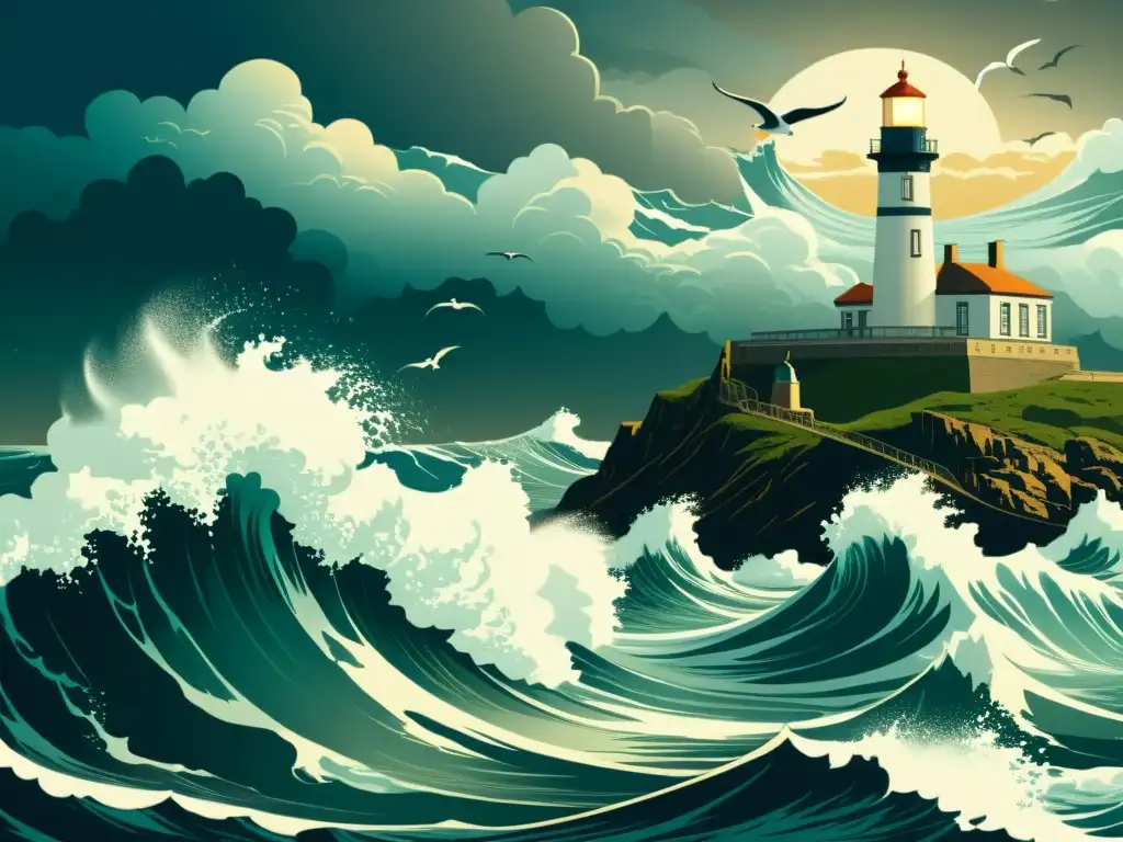 Una ilustración vintage muestra un paisaje marino histórico con un faro, olas poderosas chocando contra la costa rocosa y la energía undimotriz