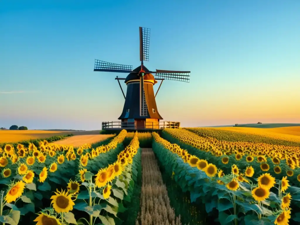 Un paisaje rural con un molino de viento y un campo de girasoles bañados por el sol