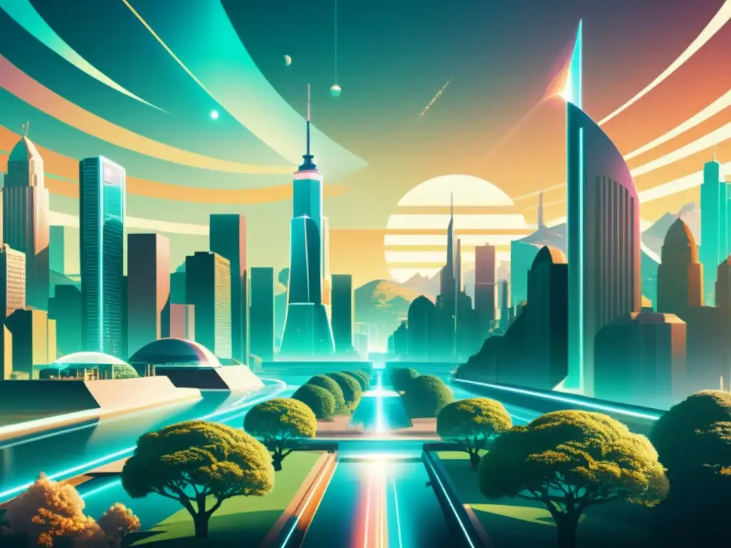 Un paisaje urbano futurista se fusiona con la naturaleza, proyectando hologramas y elementos virtuales